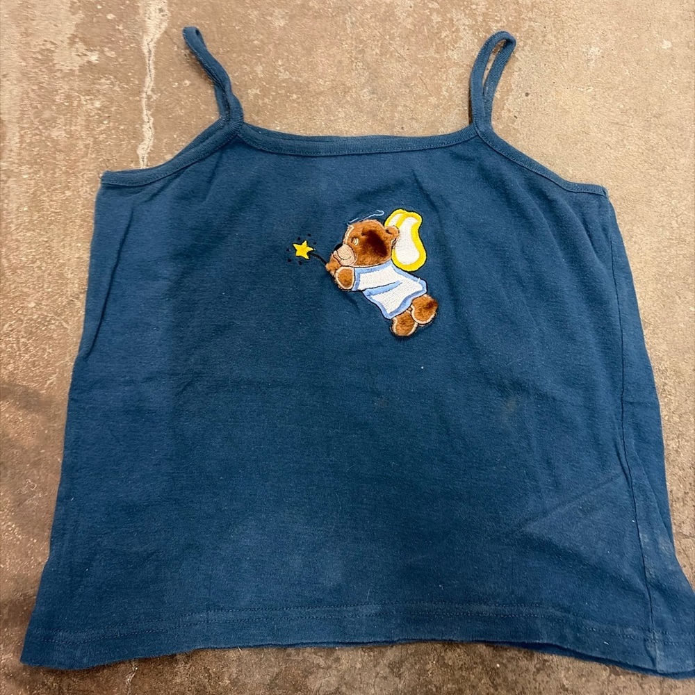 Vintage Y2K baby tee Silhouette Blue Tank Top with 3d Bear Design